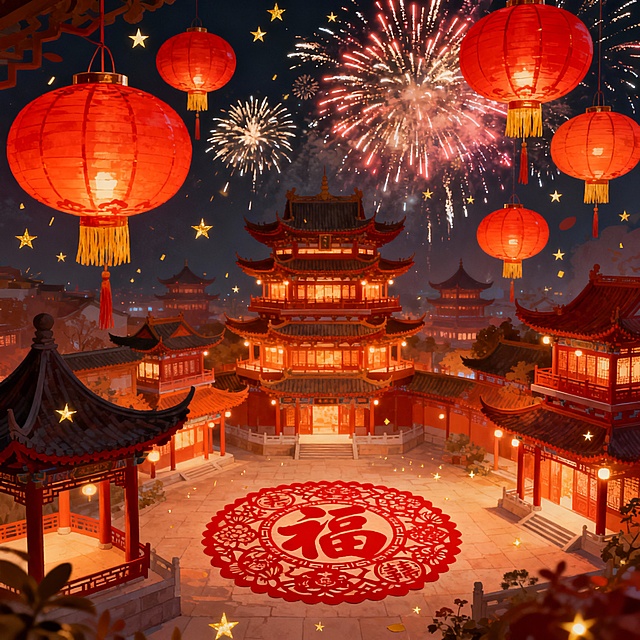 中国传统节日氛围插画，俯瞰视角下的古代中式建筑群，多层飞檐翘角的阁楼与亭台错落有致，整体笼罩在温暖的橙红色调中，空中悬挂着多个大红灯笼，灯笼穗随风轻摆，背景是绚烂绽放的烟花与飘落的金色星火，地面中央铺展着带有“福”字和吉祥图案的红色剪纸地毯，建筑细节精致，光影柔和且富有层次感，营造出热闹、喜庆、庄重而又充满传统韵味的节日夜景，中国风插画风格，高细节，精美构图，温暖灯光效果，节日庆典氛围，传统建筑美学，红色主色调，烟花绽放效果，金色星火点缀，剪纸艺术元素，中式建筑细节，飞檐翘角，亭台楼阁，灯火通明，夜景，喜庆祥和。