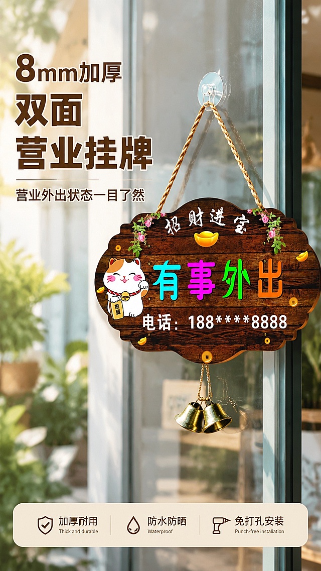 [第1屏] 详情页头图-营业中双面挂牌产品海报。本屏使用【图1】作为商品主体。
[氛围/风格] 喜庆醒目商业风，门店玻璃门真实场景，温馨接地气的商业摄影质感。
[元素布局] 挂牌产品放置画面右侧中部，占比约65%；左侧预留主标题区域，背景为透亮的门店玻璃门场景，增加空间层次感；保留挂牌原有的招财猫设计、木质纹理、铃铛结构，外形轮廓与输入产品图一致。
[光影质感] 自然侧光照明，产品边缘柔和阴影，木质纹理清晰可见，铃铛金属光泽自然，整体明亮通透。
[配色色系] 全局底色 #F0F5F8；主色深棕木纹；辅助色浅蓝玻璃背景、金色装饰。
[视角构图] 正面平视，产品为绝对视觉中心，阅读动线左上标题→右侧产品→底部信息。
[文字版式] 版式为左标题+右产品+底部卖点条。主标题「8mm加厚双面营业挂牌」，副标题「营业外出状态一目了然」；底部信息条标注三大核心卖点「加厚耐用 | 防水防晒 | 免打孔安装」；文字清晰排版整齐，不遮挡主体产品。
[比例分辨率] 9:16 竖版比例，4K分辨率，文字清晰可辨，高清画质。
[负向提示词] 产品变形，文字错乱，颜色偏差，缺件错件，背景杂乱，水印，文字过小。