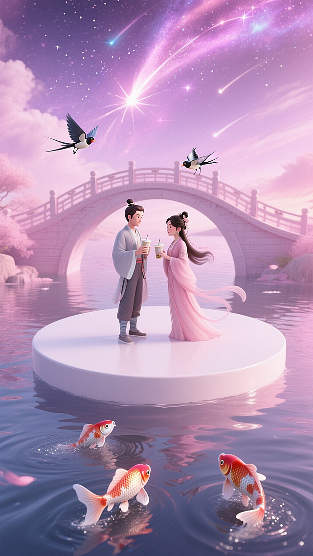 梦幻粉白色圆形展台在波光粼粼的水面上，2条小锦鲤在水中嬉戏，展台后面有两只小喜鹊飞在鹊桥上面，牛郎织女站在展台上，共同喝着一杯奶茶背景是粉紫色星云，流星划过，霓虹光效。