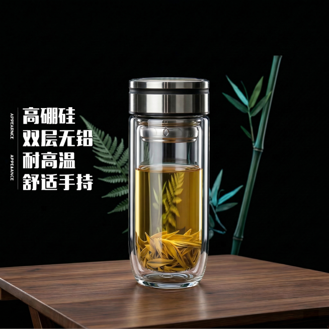 保持玻璃杯整体结构、杯内茶叶形态完全不变，更换为纯黑色简约主题背景，画面聚焦突出玻璃杯，背景点缀绿植营造雅致氛围，将左侧文字放大两个号，清晰醒目，升级双层玻璃通透度，透过玻璃和茶水可清晰看到后方场景，预览效果