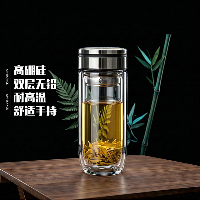 保持玻璃杯整体结构、杯内茶叶形态完全不变，更换为纯黑色简约主题背景，画面聚焦突出玻璃杯，背景点缀绿植营造雅致氛围，将左侧文字放大两个号，清晰醒目，升级双层玻璃通透度，透过玻璃和茶水可清晰看到后方场景，大师级灯光效果，玻璃杯崭新无瑕疵，质感高级大气。负向提示词：瓶身扭曲, Logo变形, 内部液化, 玻璃模糊, 夹层浑浊, 西方面孔, 金发, 深眼窝, 雀斑, 杂乱房间, 死黑阴影, 硬光, 乡村风, 多余的盖子, 缺失的部件, 悬浮的物体, 变形的手柄, 摄影灯, 柔光箱, 三脚架, 水印, 昏暗光线, 畸变透视, 比例失调