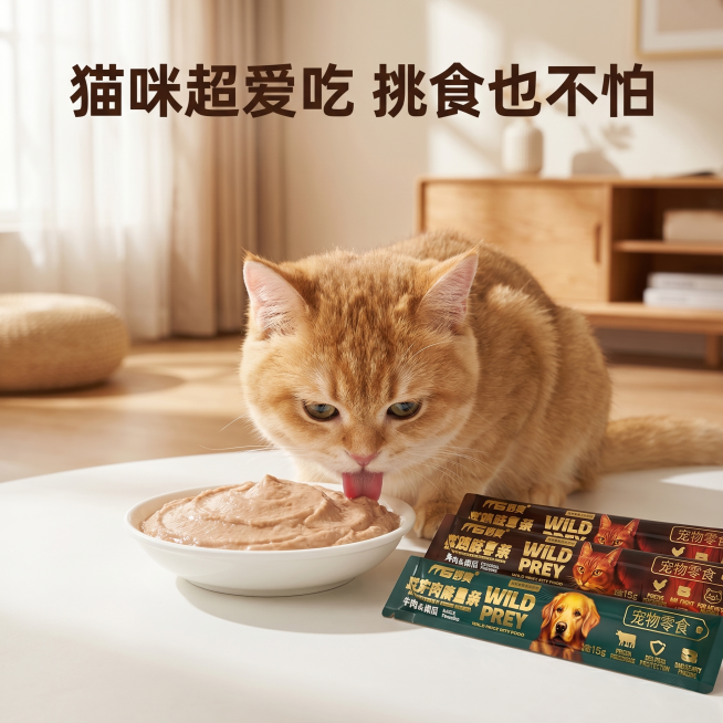 [主图 4] 宠物食用场景体验图。
[氛围风格] 自然生活化场景，真实温馨代入感
[画质] 商业摄影质感、光线柔和通透、产品清晰真实、画面干净高级
[元素] 一只可爱橘猫正在吃碗里的猫条肉泥，旁边摆放预览效果