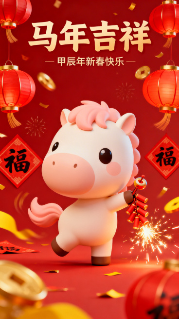 马年春节主题动图海报，喜庆红色为主色调，有可爱卡通小马形象，搭配鞭炮、福字、灯笼等春节元素，画面充满年味，动态效果活泼欢快预览效果