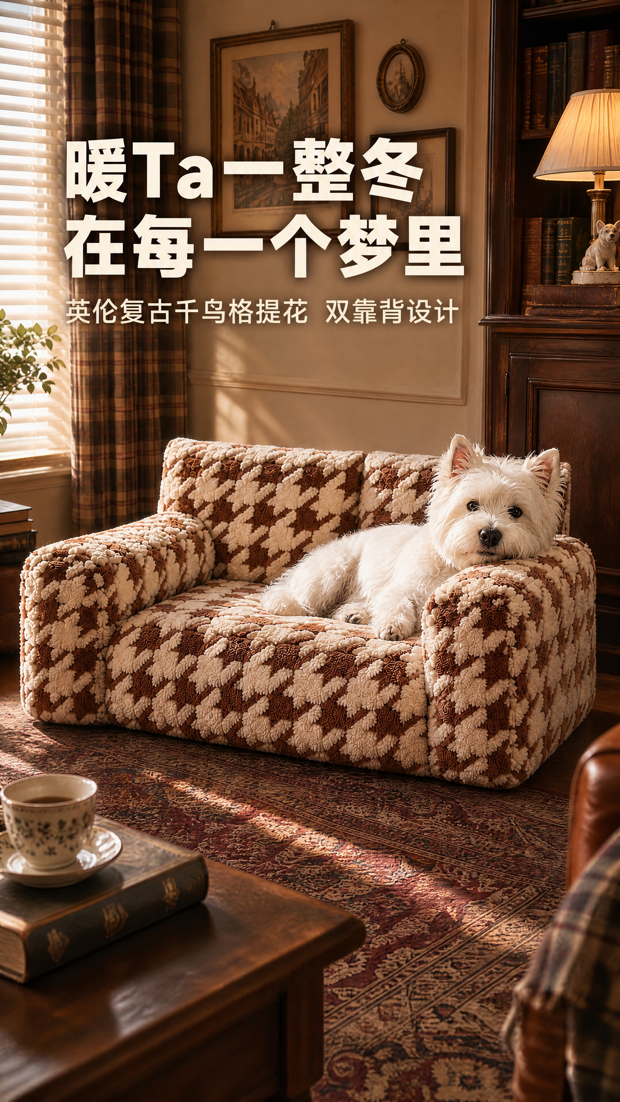 [商品] 使用【图1】焦糖棕千鸟格提花宠物沙发；保留双靠背枕、… - 图片创意预览