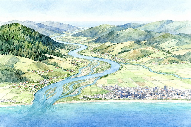 请生成一张关于流域的图，手绘风格。内容：一条河流从山区流入海洋，河流有多条支流。图面展示了整个流域的范围。流域上游是山林，中游是丘陵、村庄和乡镇，下游是平原、城市、农田。生成的图片上不要有文字或者任何如箭头等的标记。河流从山区流向海洋，不能平行于海岸。
