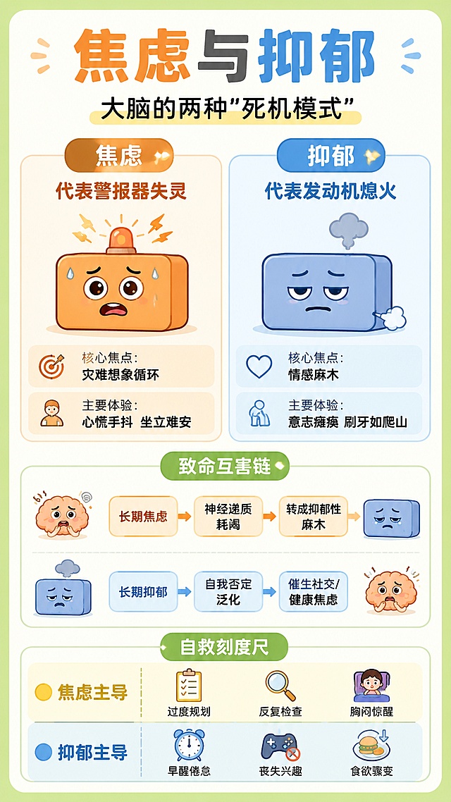科普知识海报，风格参考原图是清新卡通风，左右分栏对比排版，标题："焦虑与抑郁"，副标题："大脑的两种"死机模式""，左侧标题：焦虑 代表警报器失灵，内容：核心焦点：灾难想象循环，主要体验：心慌手抖坐立难安，用橙色拟人块表达；右侧标题：抑郁 代表发动机熄火，内容：核心焦点：情感麻木，主要体验：意志瘫痪 刷牙如爬山，用蓝色拟人块表达；第二部分：致命互害链 内容：长期焦虑 → 神经递质耗竭 → 转成抑郁性麻木；长期抑郁 → 自我否定泛化 → 催生社交/健康焦虑；第三部分：自救刻度尺 标注🟡 焦虑主导：过度规划、反复检查、胸闷惊醒；🔵 抑郁主导：早醒倦怠、丧失兴趣、食欲骤变；整体版式清晰，图文分区明确，配色清新舒适，文字清晰可读，版式精美，内容科普情绪知识