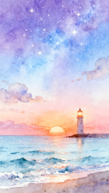 水彩风格竖版插画，画面下半部分是橘粉橙金柔和的夕阳，铺在翻着细碎波浪的浅蓝大海上，海边立着暖光点亮的灯塔，画面上半部分是缀着细碎星光与薄柔云的清透紫蓝色星空，色彩过渡晕染自然，整体色调清新明亮，笔触轻预览效果