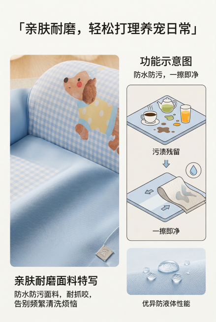 杂志风材质可视化排版，画面左侧特写展示宠物沙发床的面料纹理，严格还原产品图细节，包括包装设计、颜色、LOGO位置、文字内容、图案元素等所有细节，产品在真实物理空间里与其他物体的大小关系视觉协调，比例保预览效果