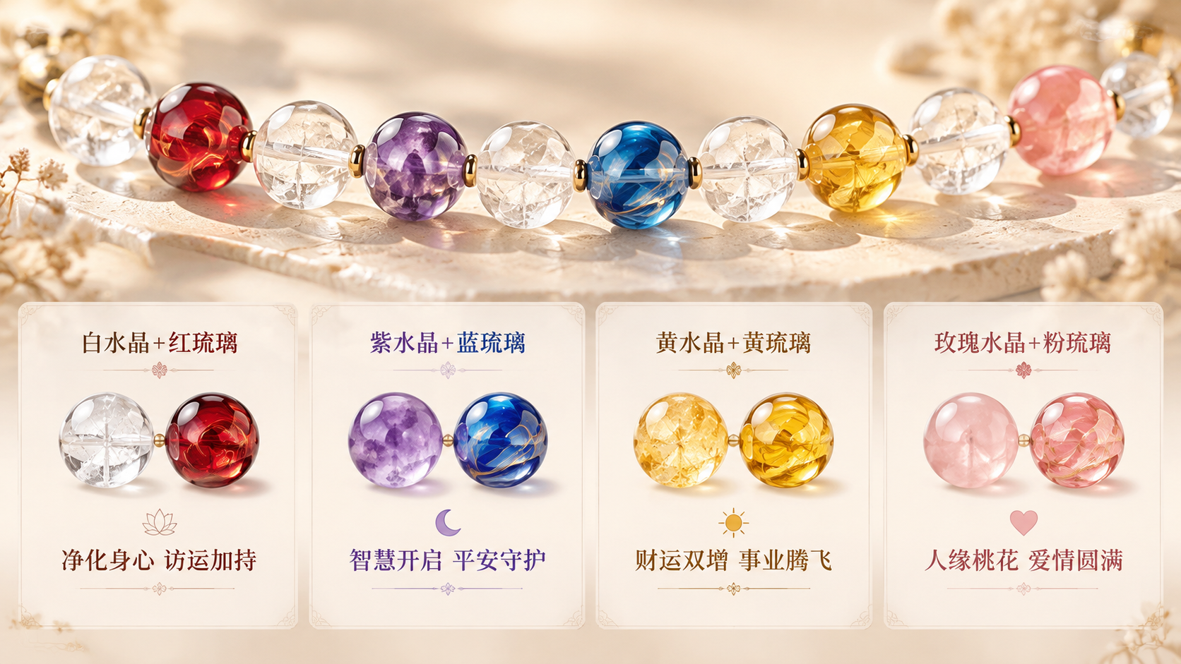 横版信息图设计，展示水晶与琉璃搭配组合的寓意，排版整齐干净，简… - 图片创意预览