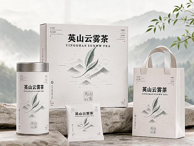 将这款英山云雾茶包装设计做成包含茶叶罐、茶叶礼盒、茶叶包装袋在内的多场景组合样机展示，整体风格简约高级，突出包装设计