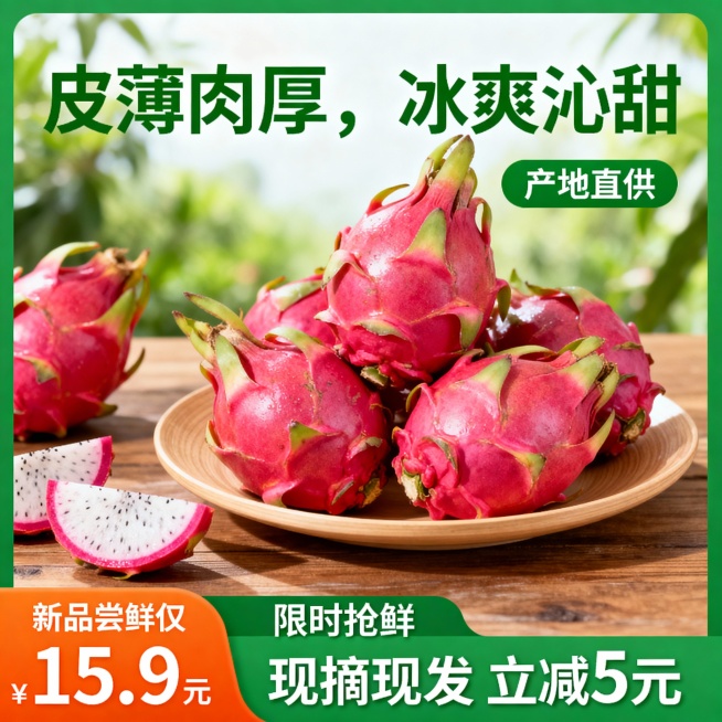 一张水果促销海报，画面主体为一个浅棕色的盘子，盘子里装满了新鲜饱满的火龙果，旁边散落着完整的火龙果切片，整体放置在木质桌面上，背景是模糊的绿色植物营造出自然清新的氛围。主色调根据火龙果的颜色调整，保持预览效果