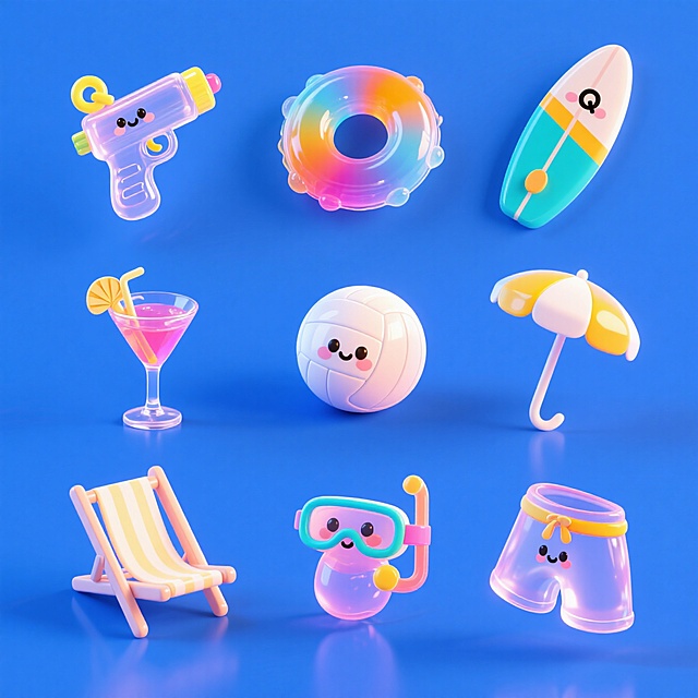 3D卡通风格，充气玩具拟人化设计，夏日海滩主题，可爱感十足。
