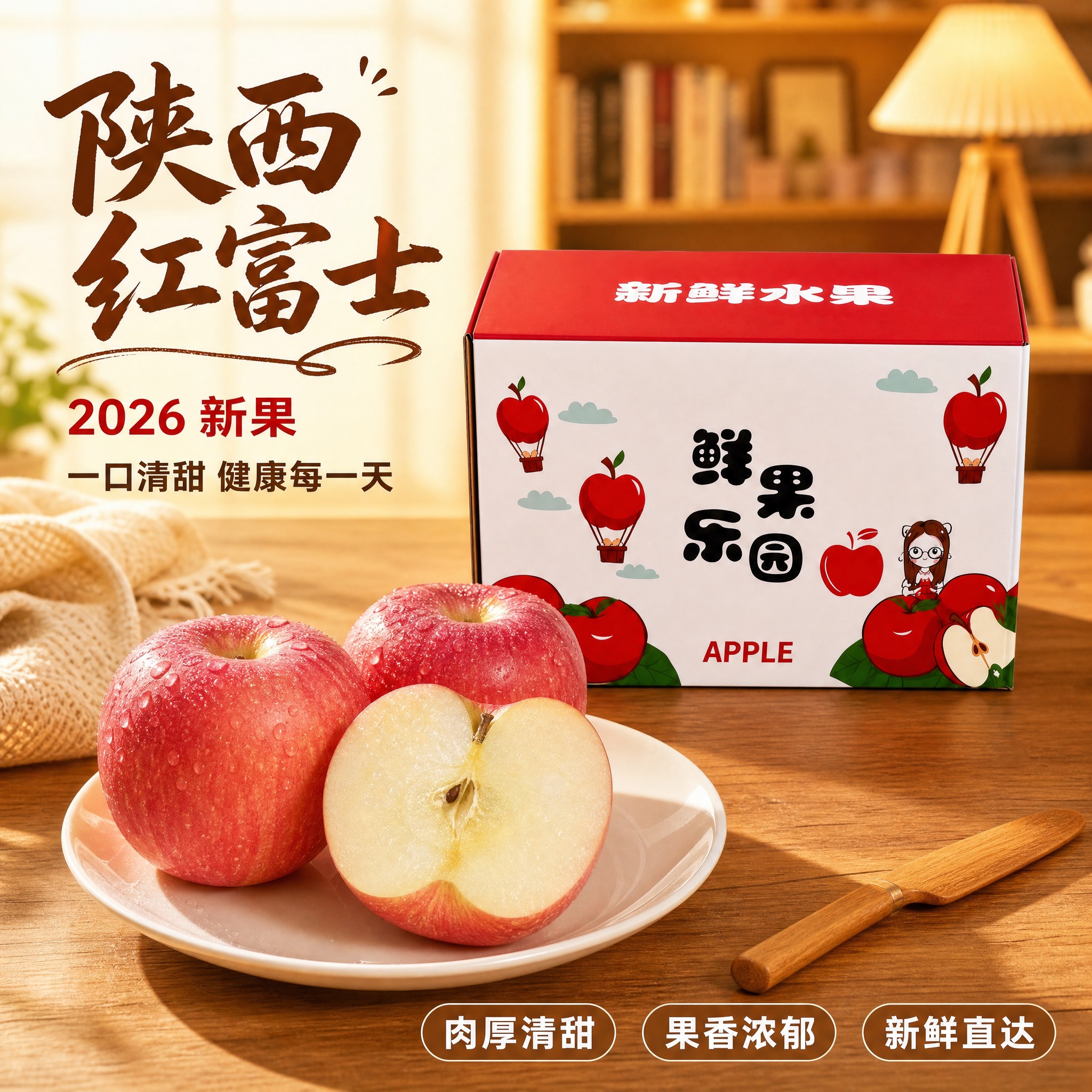 [主图-10] 暖黄灯光家居款陕西红富士苹果电商主图，核心任务… - 图片创意预览