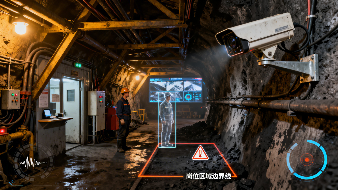 写实工业纪实风格，煤矿井下真实作业环境，巷道空间较为狭长，周围是钢结构支架、管线、电缆和矿井设备，墙面与地面带有煤尘和潮湿痕迹，工业防爆照明灯提供昏暗但稳定的光源，整体氛围真实、严肃且具有安全生产环境预览效果
