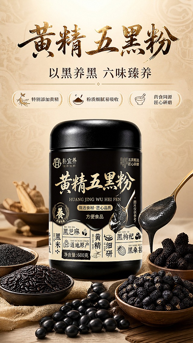 [商品] 使用【图1】补宜养黄精五黑粉黑色罐装产品；保留罐体黑色磨砂质感、金色书法字体品名、补宜养Logo、六味原料图标、600克净含量文字、整体圆柱罐型比例；罐体清晰完整，标签文字不做改写。
[画面] 目标：头图海报，建立以黑养黑高级养生第一印象。构图：上文下图，产品居中偏下，占画面约55%；罐体周围环绕黑芝麻、黑米、黑豆、黑枸杞、黑桑葚、黄精六味黑色原料，自然散落形成原料包围感；前景有一勺舀起的黑色粉浆滴落，增加食欲动感；背景为暖米杏色渐变，带细微中式纹理，顶部有柔和光晕。
[视觉] 套系策略：风格=新中式养生高级商业摄影；标题字=书法宋体+衬线粗体，有烫金质感；正文字=简洁宋体/无衬线体；主色=暖米杏+深棕黑；背景延展=基于暖米杏做深浅渐变、同色系纸张/麻布质感；强调色=烫金色，仅用于标题、图标、分割线；标题色=深棕黑/烫金；正文色=深棕灰；组件=圆角米白底信息卡、金色细线分割、中式印章/麦穗图标；光影=左前侧暖柔光，产品立体有质感。
[文字] 顶部主标题"黄精五黑粉"，副标题"以黑养黑 六味臻养"，下方3个短卖点：「特别添加黄精」「粉质细腻易吸收」「药食同源 匠心研磨」，文字横排，不遮挡罐体主标签。
[规格] 图片比例9:16竖版，4K，负向提示：避免变形、错字、文字过小、冷蓝/冷灰背景、罐体颜色改变、标签文字错乱、医疗化功效承诺。