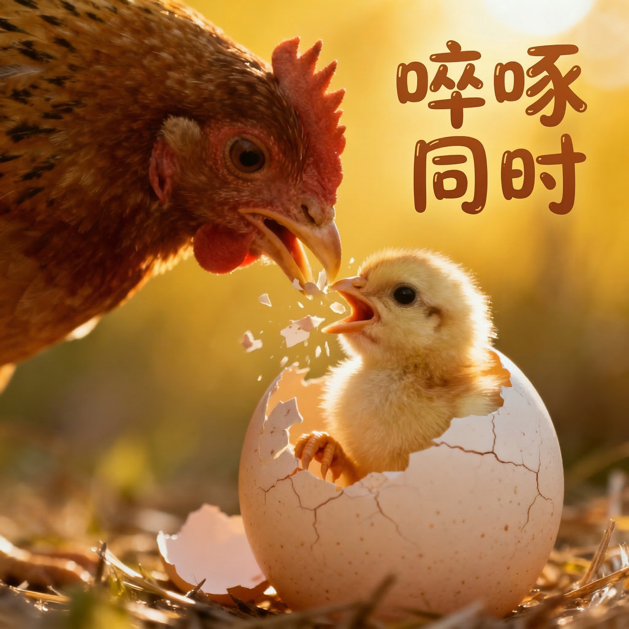 在图片右上角添加卡通风格的"啐啄同时"四个汉字，画面主体是一只… - 图片创意预览