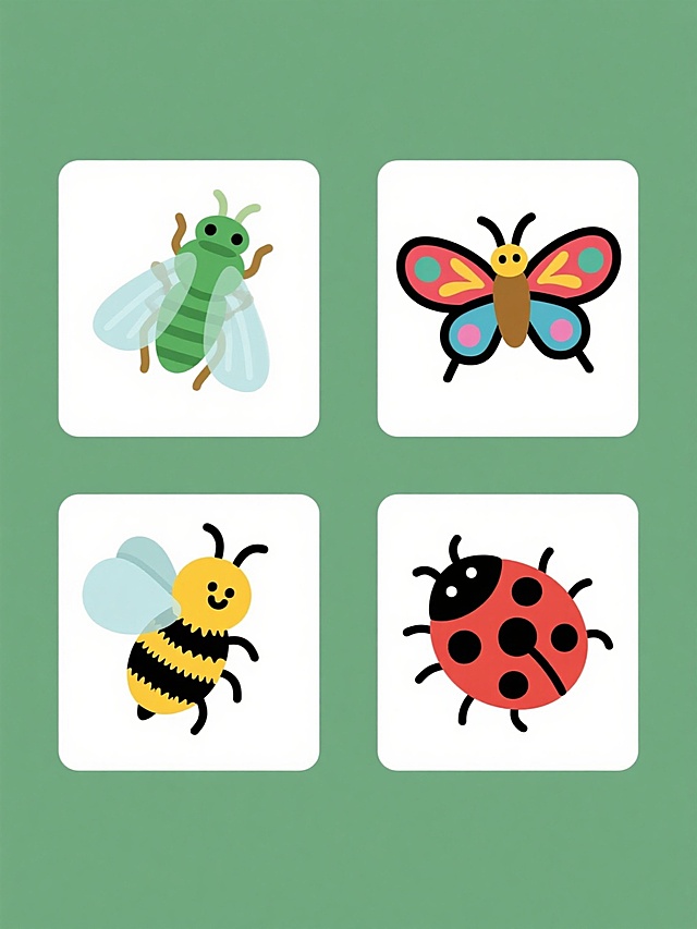 四格规整排布的飞行动物系列素材集合，每格为不同种类飞行动物，包括蝉、蝴蝶、蜜蜂、瓢虫，采用简约卡通风格，整体为平面设计，色彩明快鲜艳，每个动物造型简洁可爱，线条圆润流畅，具有清晰的轮廓和鲜明的色彩区分，蝉为绿色身体搭配透明翅膀，蝴蝶翅膀色彩斑斓带有花纹，蜜蜂黄黑相间有毛茸茸的质感，瓢虫红色底色带有黑色斑点，每个动物姿态自然生动，位于各自独立的方格内，背景为纯白色，整体构图对称平衡，视觉效果干净整洁，充满童趣和自然气息。