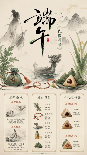 端午节节日民俗科普清新水墨风竖版海报预览效果