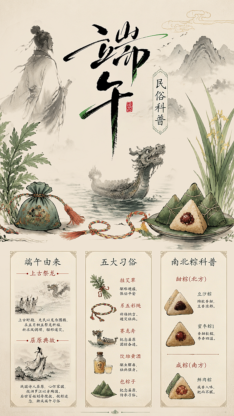端午节节日民俗科普清新水墨风竖版海报