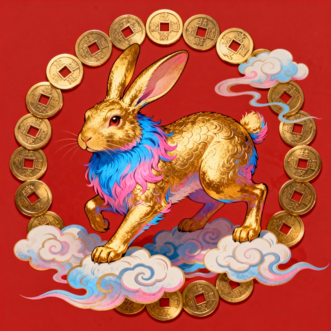 国潮风格的生肖兔，红色背景，金色铜钱围绕，动物主体为金色，毛发带有蓝粉渐变，姿态霸气，脚下有祥云预览效果