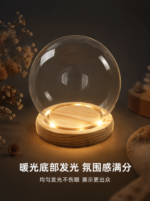[第4屏] 底部发光功能演示展示-发光玻璃罩光效特点。本屏使用【图1】作为商品主体。
[氛围/风格] 温馨氛围感，柔和暖调光影，夜景展示质感，突出产品发光特点。
[元素布局] 产品放置在画面中心偏上，预览效果