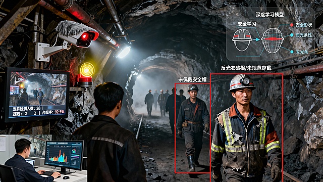 画面以煤矿井下主运输巷道为背景，呈现昏暗、粉尘悬浮的典型工业环境。粗糙的岩壁在矿灯光束下显现，多名矿工正从工作面方向走来。

前景中，两名矿工存在违规行为：一人未佩戴安全帽；另一人虽戴安全帽，但其反光衣严重破损且拉链未拉，反光条几乎被遮盖。

安装在巷道支架上的矿用防爆AI摄像机正进行实时扫描分析。其机身坚固，带有防尘护罩和红色工作指示灯，象征其适应井下恶劣环境的硬件可靠性。

系统智能识别正同步呈现多个层次：

精准目标检测：两名违规矿工均被红色动态识别框锁定。系统同步标注：“未佩戴安全帽”与“反光衣破损/未规范穿戴”。

算法分析可视化：画面一侧以半透明示意图展示深度学习模型正在对安全帽形状、反光条完整性等特征进行实时比对分析的过程。

实时预警与数据反馈：现场声光报警器发出旋转的黄色警示光。巷道壁监控屏显示实时违规画面，并更新数据：“当前检测人数：28 | 违规：2 | 合规率：92.9%”。

远程管理界面象征性地出现在画面一角：一名地面管理人员正通过电脑终端查看该点的实时视频与违规统计图表，体现了系统的远程监控与数据管理能力。

整体氛围在井下的喧嚣中凸显技术监督的恒定与精准。科技感精炼地体现在动态识别框、算法过程示意与清晰的数据界面上。风格为高度写实的煤矿井下场景，强调AI集成系统如何作为一位“全时在岗的智能安检员”，通过前端的可靠感知与后端的智能分析，将传统依赖人力的离散检查，转化为全天候、全覆盖、可追溯的自动化安全防线。
