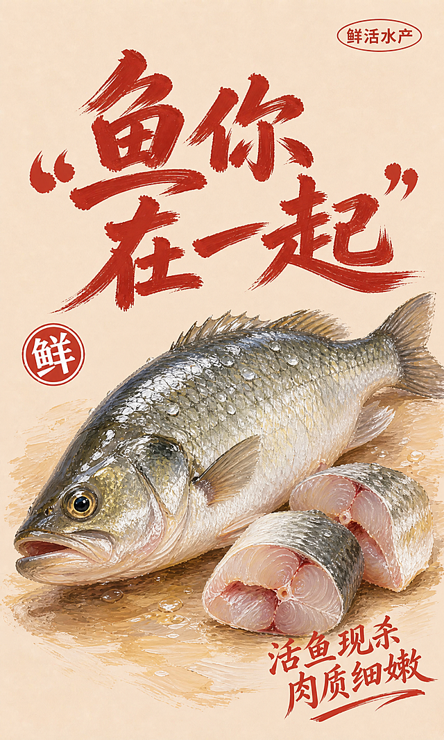 参考图1的油画风格和版式骨架，保留参考图的整体构图结构、文字排版方式、配色体系和装饰语言，将整鸡替换为油画风格的新鲜整条鱼，全部文案替换为本次内容，不添加任何LOGO和品牌文字。画面为竖版创意海报，浅米色偏暖的纯色背景，温暖柔和自然光，整体新鲜诱人有食欲感。顶部区域：右上角有一个椭圆形小标签，标签内文字为“鲜活水产”，左上角无LOGO保持空白。中部主视觉区：巨大的红色毛笔书法字体主标题“鱼你在一起”，笔画粗犷有力，占据画面中上区域，字体为朱砂红色带笔刷飞白效果，文字周围点缀引号和笔刷装饰；主标题前方偏下位置放置一整条油画风格的新鲜鱼（鲈鱼或草鱼），鱼身银亮带光泽，鱼鳞纹理清晰，鱼眼明亮有神，表面带有水润的水珠和光泽，油画笔触明显，色彩饱满有质感；鱼旁搭配一两块切好的鱼段或鱼片，展示鱼肉细嫩的断面细节，同样为油画风格。左侧有一个圆形红色印章样式装饰，内有白色“鲜”字。右下角区域：倾斜排列的副标题文字“活鱼现杀 肉质细嫩”，字体为活泼的红色手写体。整体版式精美，层级分明，四周留有安全边距，文字清晰可读，油画质感强烈，风格与参考图完全统一协调。画面中所有信息区域必须填充完整合理的内容，不得出现空白框或占位区域。画面中不得出现任何品牌LOGO、公司名称或英文品牌名。