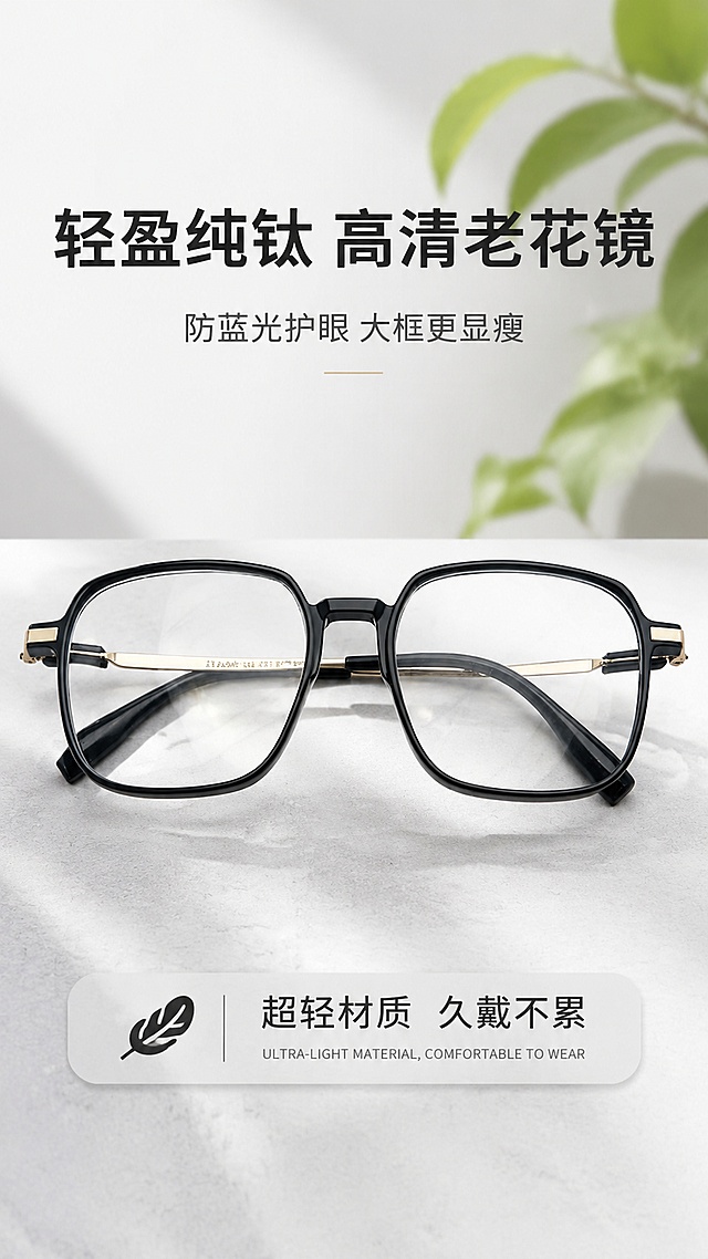 [第1屏] 详情页头图-大框高端纯钛老花眼镜产品海报，本屏使用【图1】作为商品主体。
[氛围/风格] 简约高端商务风，柔和自然光，高级质感，商业摄影。
[元素布局] 老花镜放置画面中心偏上区域，占比约65%，下方搭配简约浅灰桌面和绿植背景，保留产品黑框金腿的结构和颜色与原图一致，突出产品轻盈时尚感。
[光影质感] 顶部柔光打亮，自然投影在桌面，镜框轮廓清晰，镜片通透干净。
[配色色系] 全局底色 #F5F5F5，主色经典黑框搭配金色镜腿，辅助色浅灰背景、浅绿绿植。
[视角构图] 正面平视视角，产品为绝对视觉中心，阅读动线从上到下：顶部标题 → 中心产品 → 底部信息条。
[文字版式] 顶部主标题「轻盈纯钛 高清老花镜」，副标题「防蓝光护眼 大框更显瘦」，主标题加粗黑色，副标题灰色小字，底部信息条标注「超轻材质 久戴不累」，文字不遮挡镜框主体，清晰可读。
[比例分辨率] 9:16竖版比例，4K分辨率，高清画质，文字清晰可辨。
[负向提示词] 镜框变形，颜色偏差，镜片模糊，水印，文字错乱，结构错误，背景杂乱