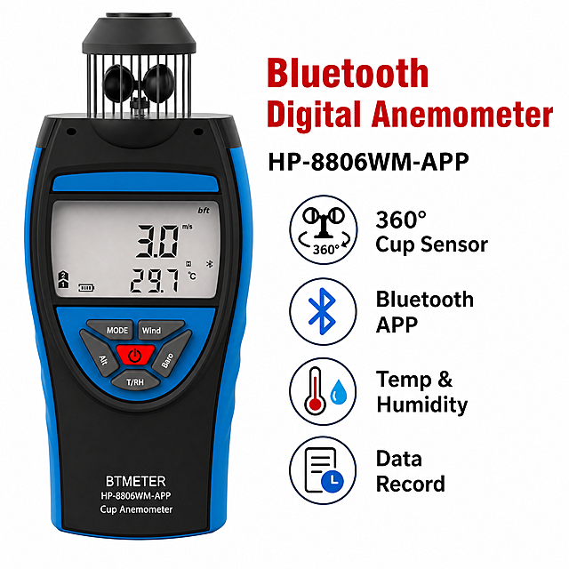 Amazon product main image, square 1:1, pure white background. Left side: digital cup anemometer, black body with blue side grips, 360 degree rotating cup sensor on top with metal guard, large LCD display, red power button, product enlarged. Right side: red bold title "Bluetooth Digital Anemometer", black bold model "HP-8806WM-APP", 4 selling points with icons: 360° Cup Sensor, Bluetooth APP, Temp & Humidity, Data Record. Industrial style, all English text, clean layout. Left-right split design.