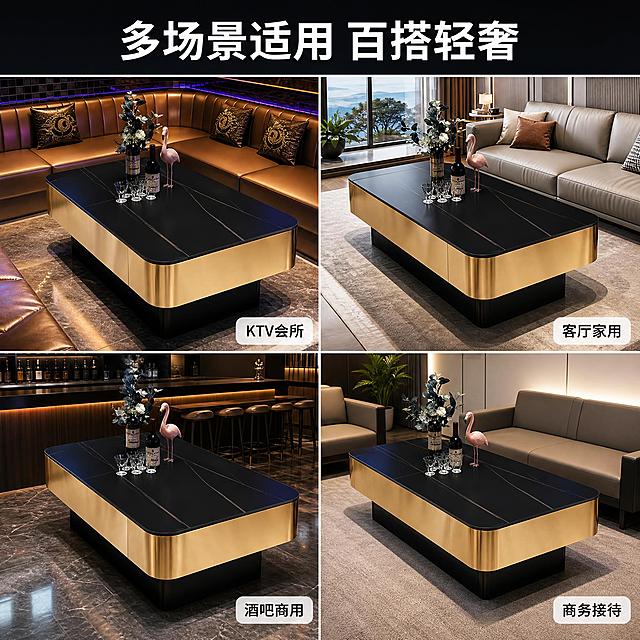 [主图-4] 多场景适配展示图。
[氛围风格] 多场景拼图 现代轻奢百搭风；
[画质] 商业摄影质感 各场景光线统一 产品清晰真实 画面精致协调；
[元素] 四宫格等宽拼图 展示同一款劳伦黑金岩板茶几在不同场景中的效果：左上格-KTV会所包厢场景 环绕沙发+氛围灯光；右上格-高端客厅场景 真皮沙发+落地窗+轻奢软装；左下格-酒吧吧台场景 深色墙面+酒柜+暖光；右下格-商务接待室场景 办公沙发+简约背景+绿植；每格中茶几外观保持一致 均为劳伦黑金岩板台面+钛金拉丝侧边+黑钛底座+圆角设计。保持茶几外观（即物理结构 材质质感 颜色）与输入产品图一致 杜绝任何变形和色差 精细化处理；每格内茶几占比约50%。
[光影] 各场景均采用暖金色调主光 光线柔和通透 光影方向统一 产品质感表现一致 整体风格协调；
[配色] 主色调黑金 各场景辅助色不同但整体统一在暖调轻奢氛围中；
[视角构图] 四宫格等宽排列 每格均为45°斜侧视角 产品居中 构图均衡；
[文字版式] 顶部通栏深色背景主标题"多场景适用 百搭轻奢"白色粗体无衬线大号居中；每格右下角贴白色圆角标签 分别标注：「KTV会所」「客厅家用」「酒吧商用」「商务接待」 黑色小字 标签半透明白底；文字清晰不遮挡产品主体；
[输出要求] 1:1比例 文字清晰可辨 超高清商业摄影质感；
[负向提示词] 变形 文字错乱 产品图模糊 背景杂乱 水印 电商平台Logo 多余的手 畸形手 人物面部扭曲。