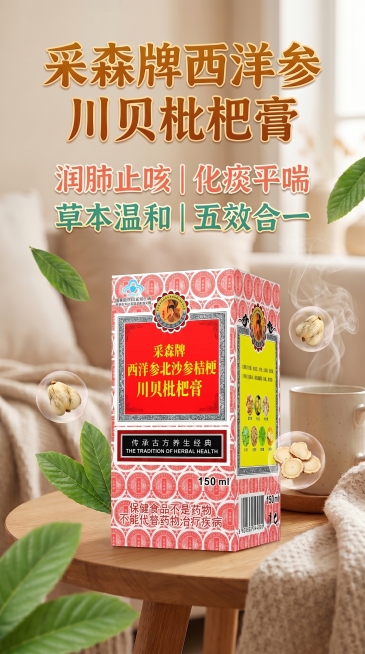 修改这张采森牌枇杷膏海报主标题，将主标题改为完整产品全称“采森牌西洋参北沙参桔梗川贝枇杷膏”，保持原有所有其他内容、布局、风格、场景不变，产品包装不变，卖点保留，整体依然是竖版9:16海报，主标题突出预览效果