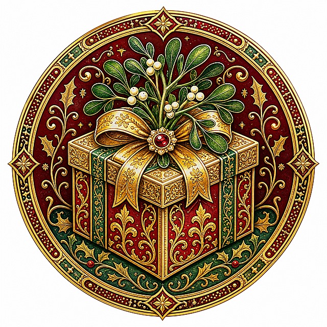 Christmas sticker, medieval illuminated manuscript style, a Christmas gift box with a sprig of mistletoe on top, elegant present, circular composition 800x800, deep red and gold and green colors, medieval treasure gift style, isolated on clean white background, e-commerce sticker design, high detail