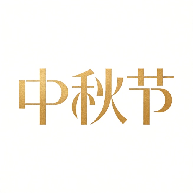 干净的纯白色背景。平面艺术字体设计，主体文字“中秋节”，所有文字单行横向排列，简约大气的几何化艺术字体，笔画做创意几何切割，部分笔画连接处融合简约月亮弧线设计，字形结构流畅高级，哑光烫金色字体，现代简预览效果