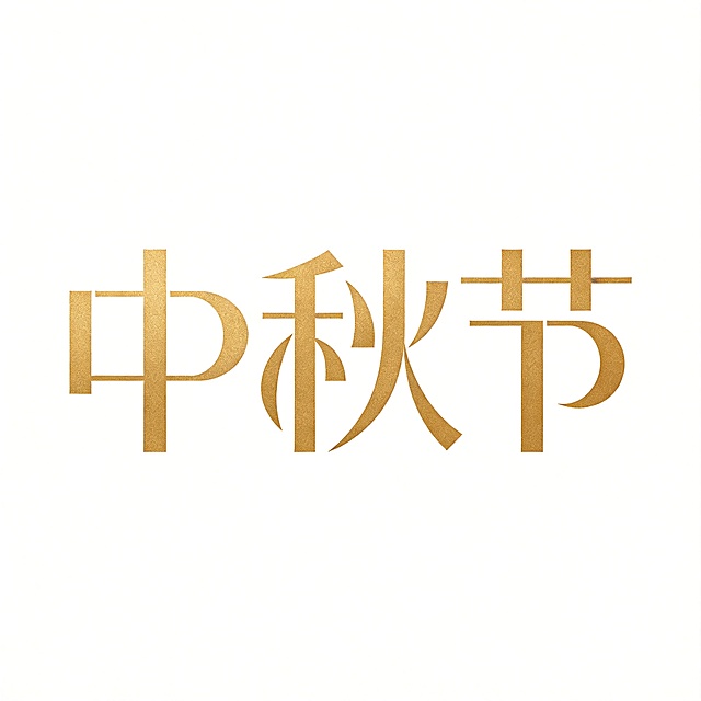 干净的纯白色背景。平面艺术字体设计，主体文字“中秋节”，所有文字单行横向排列，简约大气的几何化艺术字体，笔画做创意几何切割，部分笔画连接处融合简约月亮弧线设计，字形结构流畅高级，哑光烫金色字体，现代简约风格，设计感强。仅包含3个字：“中”、“秋”、“节”，不得增加、遗漏或替换任何一个字。文字整体必须完整呈现在画面内不可被裁切，四周留有安全边距。比例1:1。