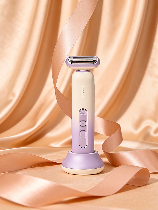 整体配色以香槟色起伏缎面背景 + 主体+淡香槟色系粗缎带（多条），色调高级柔奢；场景包含多条柔光浅香槟色缎带（一条从上往下弯在主体后面，前景几条落在地上，部分在主体后）、柔焦缎面背景；主体呈直立姿态，在画面中占比约 35%；主体融入轻奢美妆氛围，光线为柔和侧光，突出主体的渐变材质与精致细节，摄影风格为美妆产品精修实拍，质感细腻，氛围优雅高级。