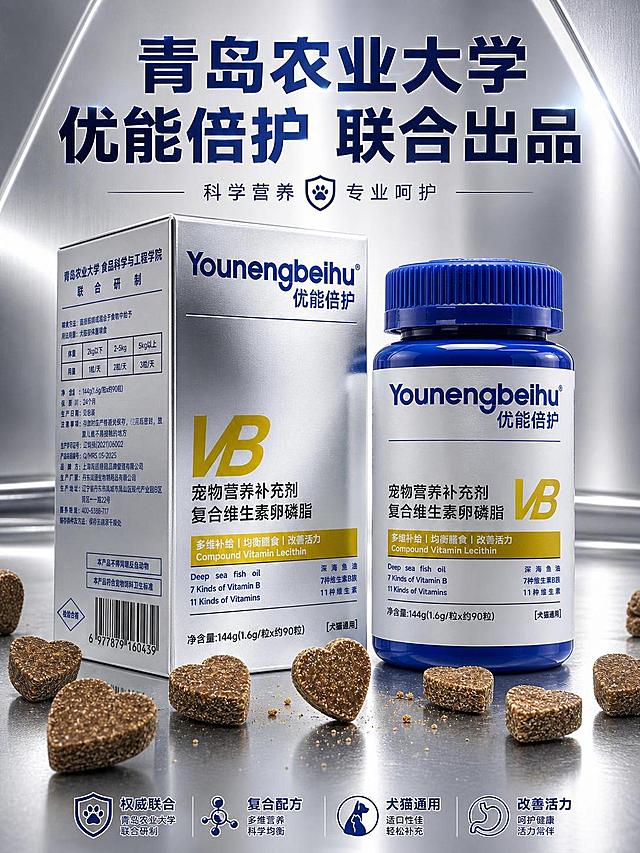 高端宠物营养补充剂宣传海报，高级银色反光质感背景，画面中央同时展示银色反光材质的外包装盒和蓝色瓶身的产品瓶，包装盒为银色金属反光质感，瓶身为深蓝色，前景散落展示心形棕色卵磷脂颗粒内容物，突出内容物质感。顶部醒目大字文案："青岛农业大学 优能倍护 联合出品"，字体大气有力量。整体风格高端大气，视觉冲击力强，高级质感，商业摄影级光影，银色金属光泽，精致细节，3:4竖版构图