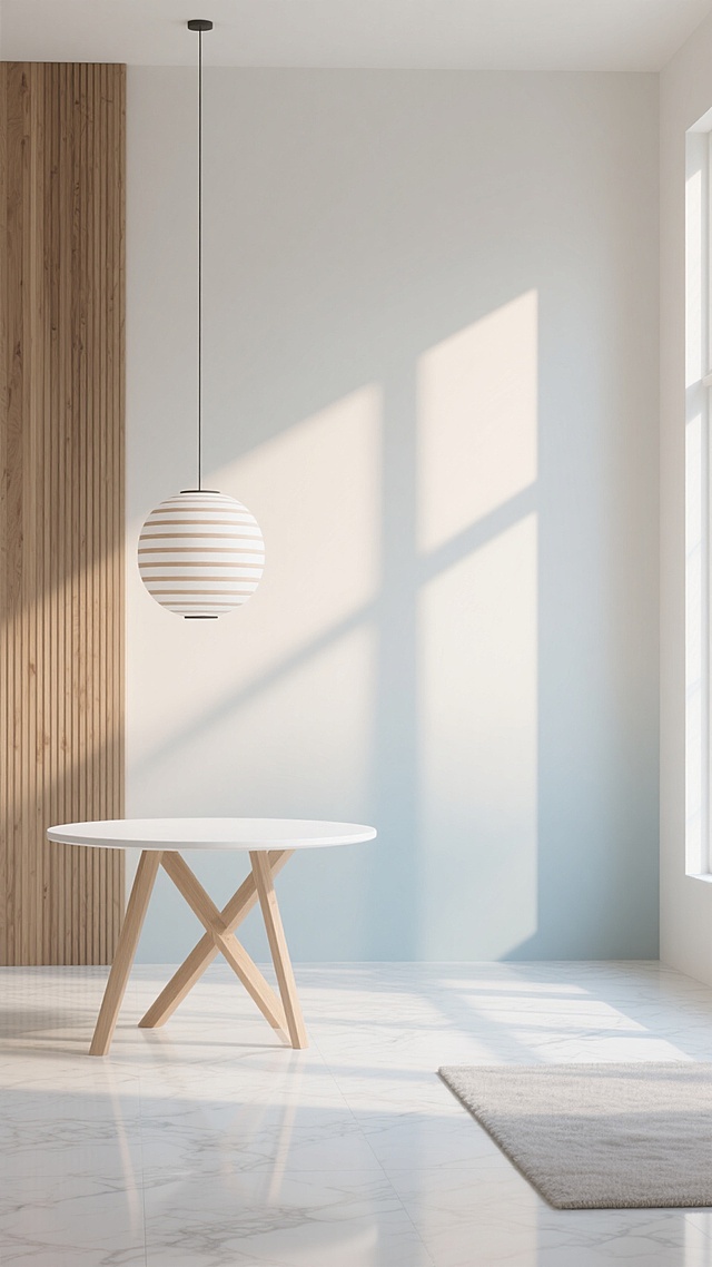 极简主义室内场景，左侧保留垂直条纹木质装饰墙元素，右侧为平滑米白色主墙面，前景有圆形白色桌面、浅色木质交叉腿圆桌，悬挂着白色与浅棕色条纹球形吊灯，地面是光滑大理石瓷砖，右下角有浅灰色地毯一角。背景改为柔和渐变的浅灰蓝与米白过渡色调，光影调整为从右上角窗户斜射而入的午后温暖阳光，在墙面和地面形成清晰的长条形光影斑驳效果，整体保持3D渲染的细腻质感、干净利落的线条和简约自然的现代设计风格，色调以原木色、米白色、浅灰色为主，营造宁静舒适且明亮通透的氛围。