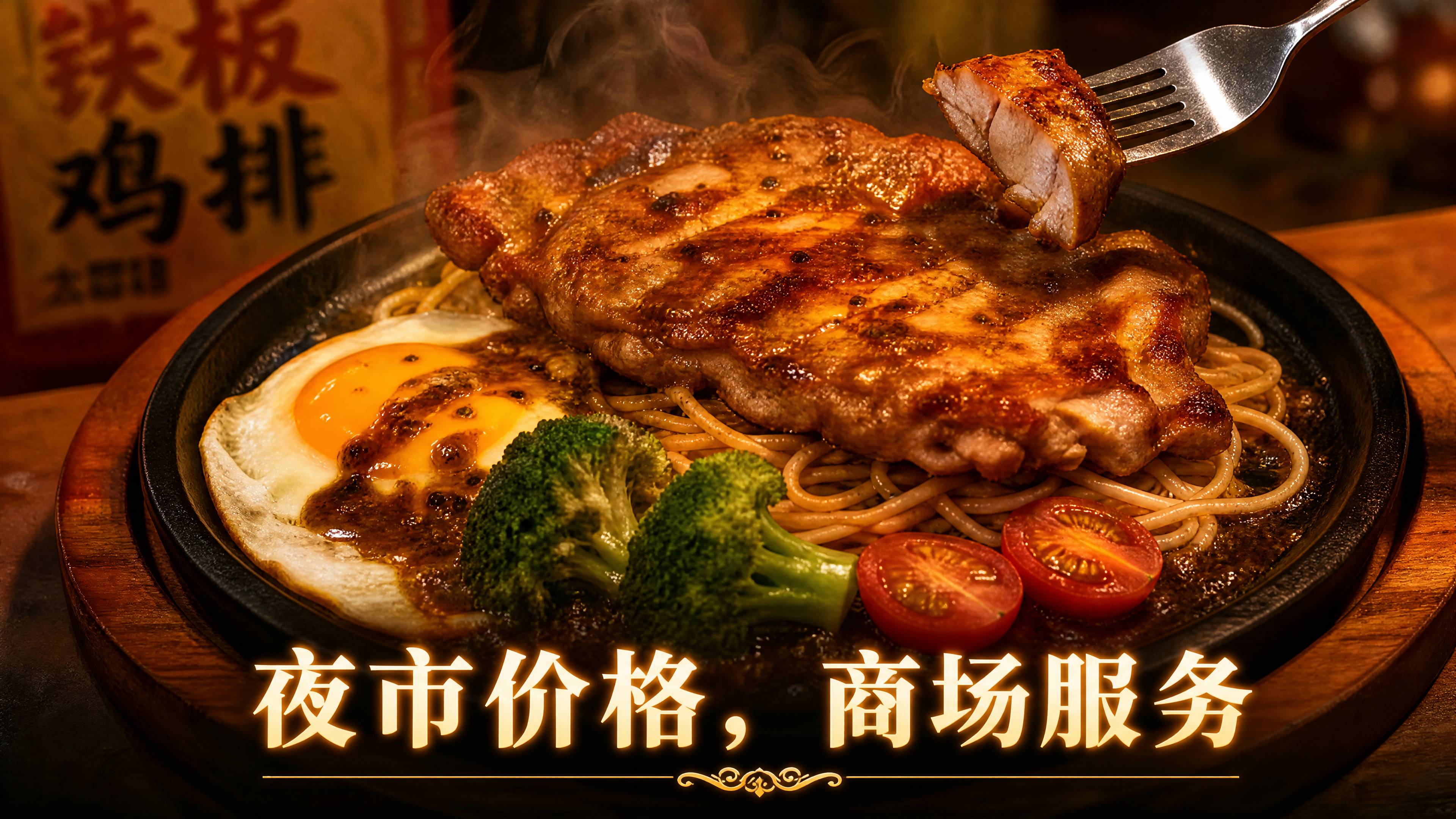 夜市铁板鸡排美食宣传图，圆形黑色铁板放在圆形木质托盘上，铁板最… - 图片创意预览