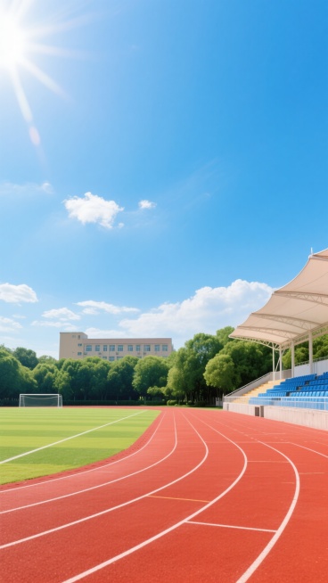 一个常规学校操场的写实摄影照片，画面以红色塑胶跑道为前景，跑道上有清晰的白色分道线，呈现出优美的弧形延伸至远方。跑道内侧是修剪整齐的绿色草坪足球场。左侧可见带有蓝色座椅的露天看台，顶部有白色的遮阳棚结构。背景中是茂密的绿色树木，远处有一栋浅色的教学楼。画面采用低角度仰拍构图，天空占据上半部分，呈现出明亮的蔚蓝色，点缀着少量白色云朵。阳光从左上角照射下来，在跑道和草坪上形成清晰的光影效果，整个场……预览效果