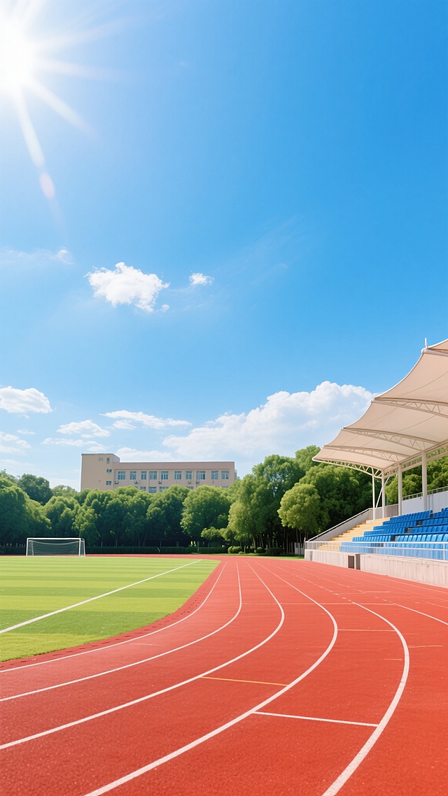 一个常规学校操场的写实摄影照片，画面以红色塑胶跑道为前景，跑道上有清晰的白色分道线，呈现出优美的弧形延伸至远方。跑道内侧是修剪整齐的绿色草坪足球场。左侧可见带有蓝色座椅的露天看台，顶部有白色的遮阳棚结构。背景中是茂密的绿色树木，远处有一栋浅色的教学楼。画面采用低角度仰拍构图，天空占据上半部分，呈现出明亮的蔚蓝色，点缀着少量白色云朵。阳光从左上角照射下来，在跑道和草坪上形成清晰的光影效果，整个场景明亮通透，充满活力与青春气息，展现出校园运动场地的整洁与开阔。