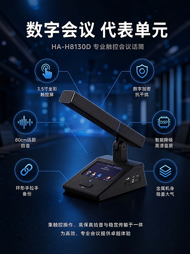 黑色会议话筒功能展示图，产品位于画面中央，周围环绕6个蓝色圆形图标卡片，用细蓝线连接。背景为深蓝色会议室场景虚化，有光点效果。顶部白色大标题和灰色副标题。底部有两行白色说明文字。整体为专业商务科技风格，黑蓝配色，无红色。3:4竖版构图，商业摄影质感，产品清晰，文字横向排版易读。