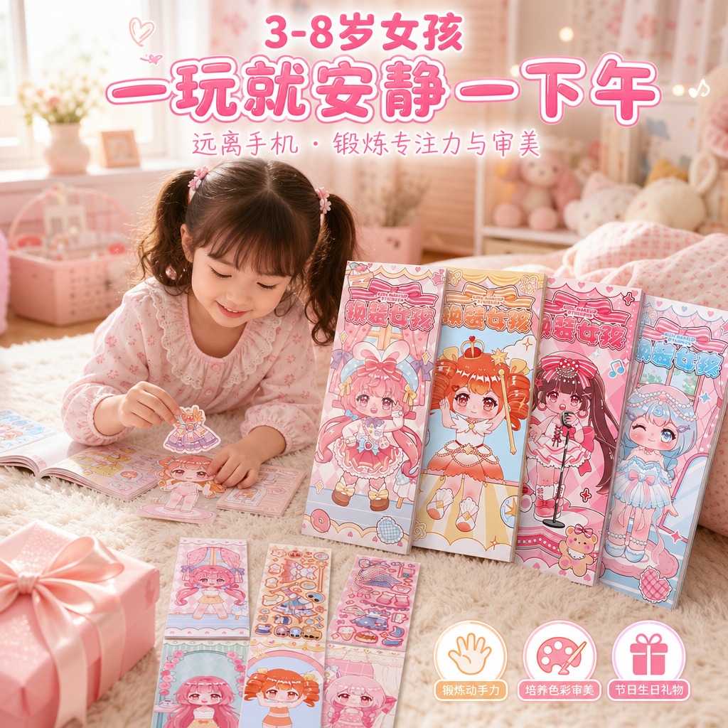 1:1正方形电商主图，场景送礼主题，3-8岁女孩，人物卡平铺桌… - 图片创意预览