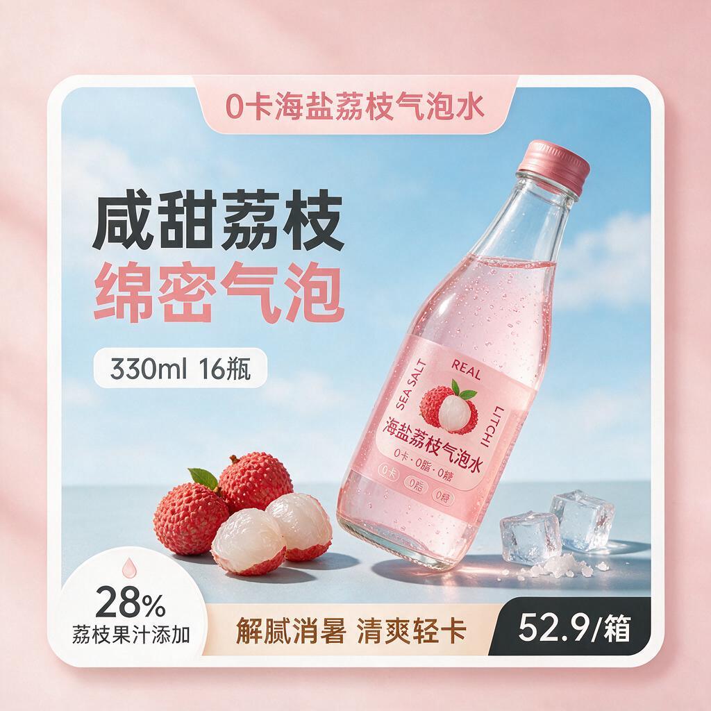 方形电商商业产品海报，海盐荔枝汽水快消饮品宣传，整体调性清新明… - 图片创意预览