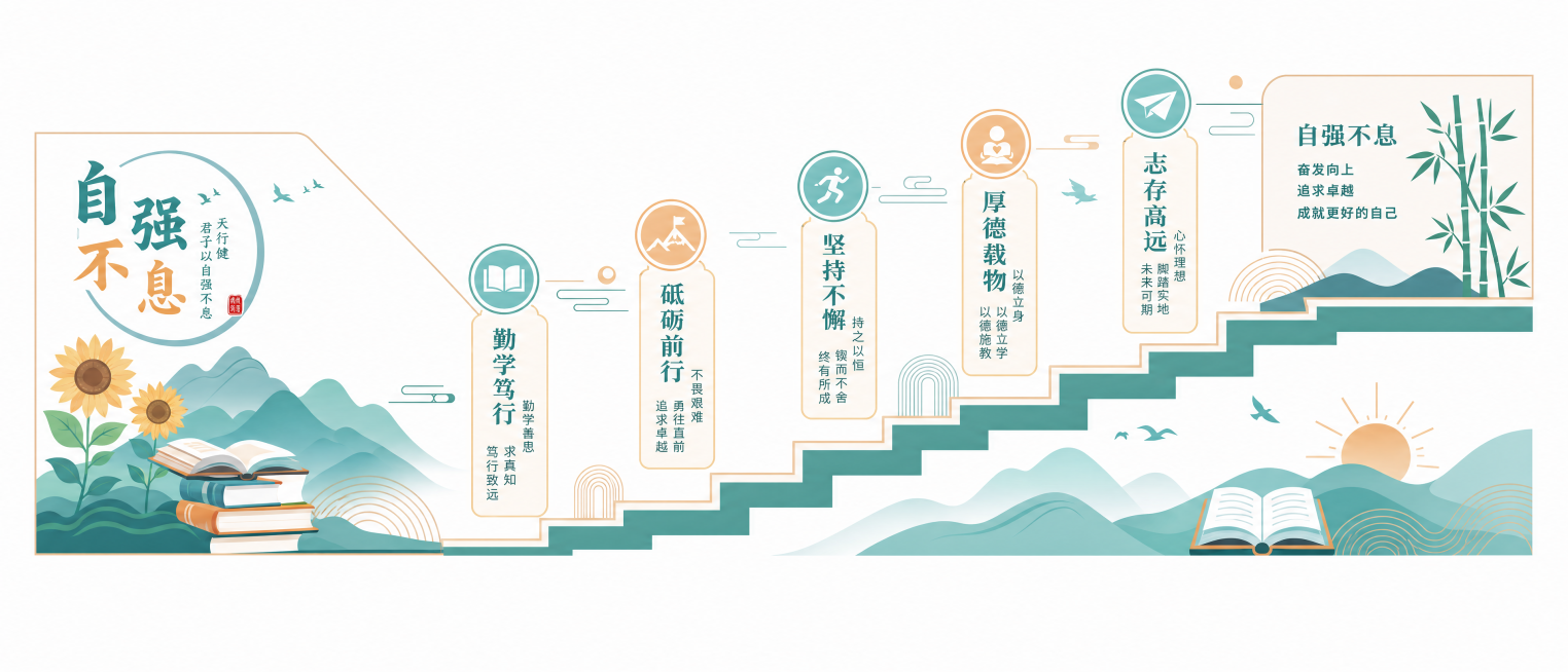 按照参考图片风格，生成一张适合中学楼梯间的校园文化平面矢量图，主题内容为自强不息，使用浅橙青绿色调，图形线条清晰工整，无错别字，阶梯式排版设计预览效果