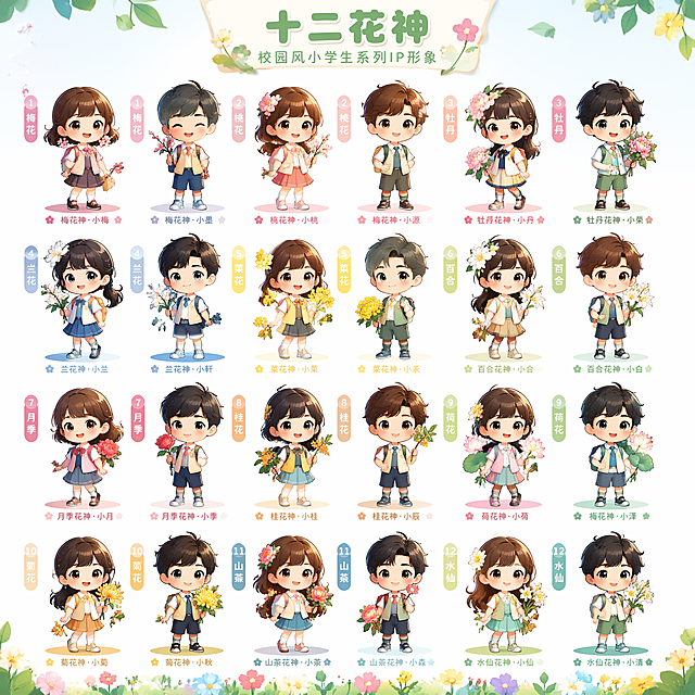 十二花神IP形象，校园风小学生十二花神，十二种花神一男一女共二十四位，每位角色身上对应带有不同花朵装饰，可爱卡通小学生风格，适合儿童，青春活泼校园感，每个角色都结合对应花元素设计，整体清新明亮