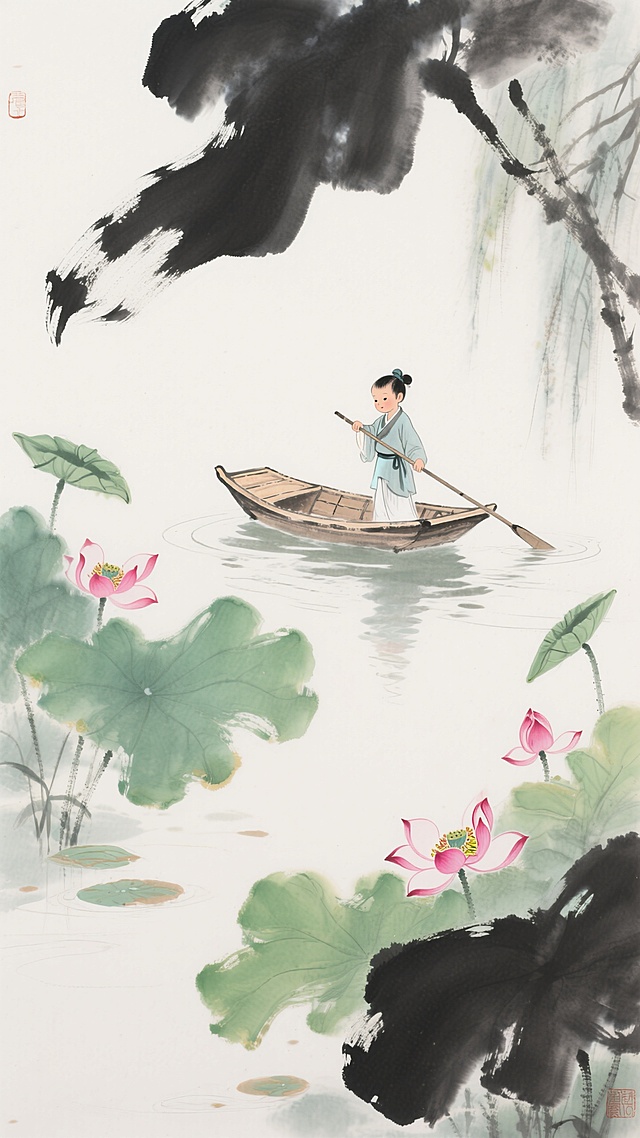 水墨风古典画卷，清新荷塘中，儿童划舟，文艺气息浓厚。