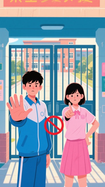 背景是一所学校的大门，后面是教学楼，大门前站着一男一女两个学生，学生手势禁止入内，横向图预览效果