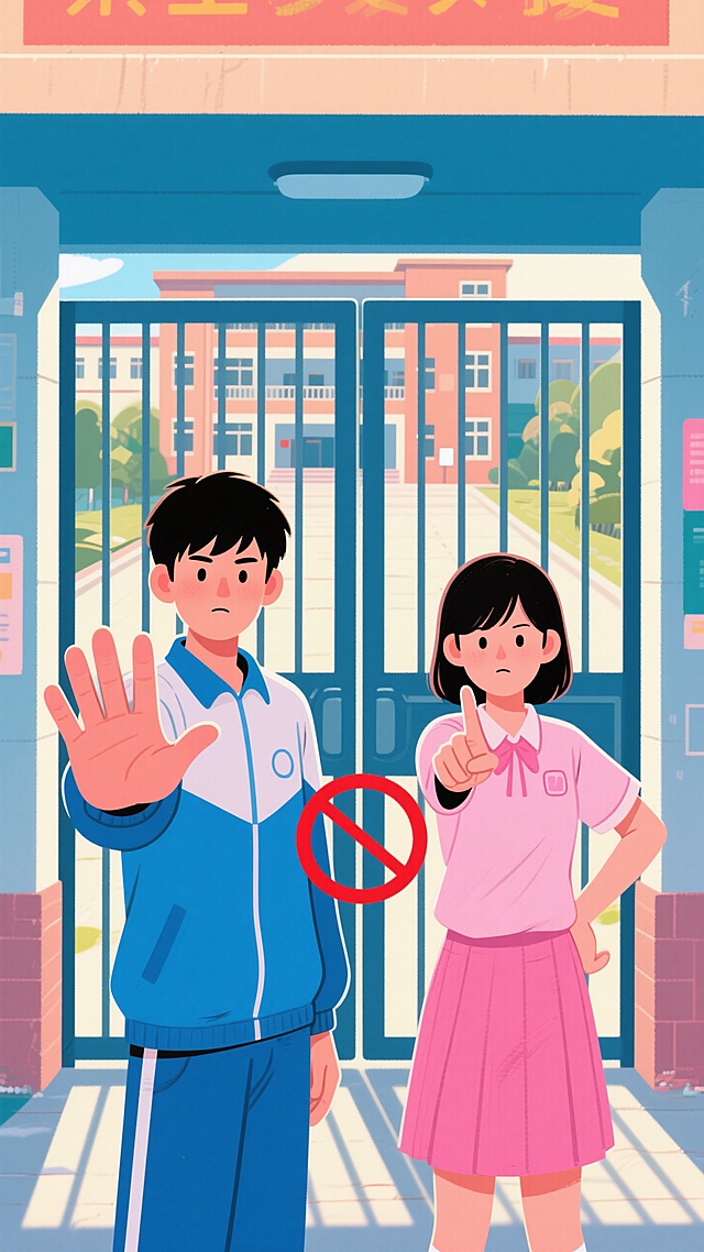 背景是一所学校的大门，后面是教学楼，大门前站着一男一女两个学生，学生手势禁止入内，横向图