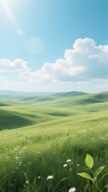 超写实风格的广阔草原景观，画面以明亮的蓝绿色调为主，天空占据上半部分，呈现清澈的淡蓝色，点缀着几朵蓬松的白色积云，阳光从云层间隙洒落，形成柔和的光线效果。前景是起伏的绿色草地，草叶茂密且富有层次感，呈现出深浅不一的绿色渐变，点缀着零星的白色小野花和几片嫩绿的叶子。远处的山丘轮廓柔和，与天空自然过渡，整体构图采用三分法，营造出开阔、宁静、生机勃勃的氛围，光影柔和，色彩和谐，细节丰富，具有强烈的空……预览效果