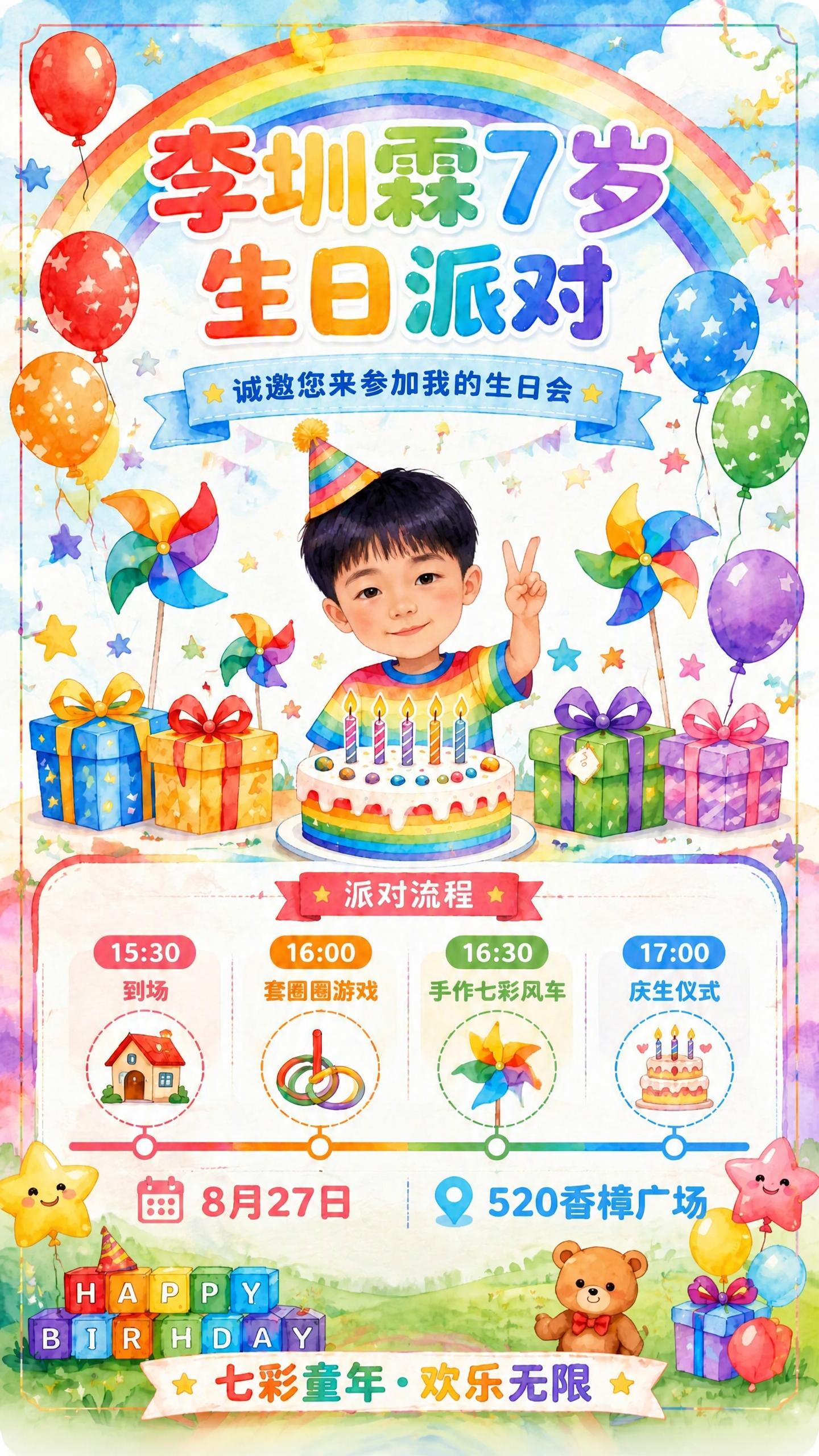 参考图1是生日邀请函海报，图2是小男孩照片。请将海报中间的卡通… - 图片创意预览